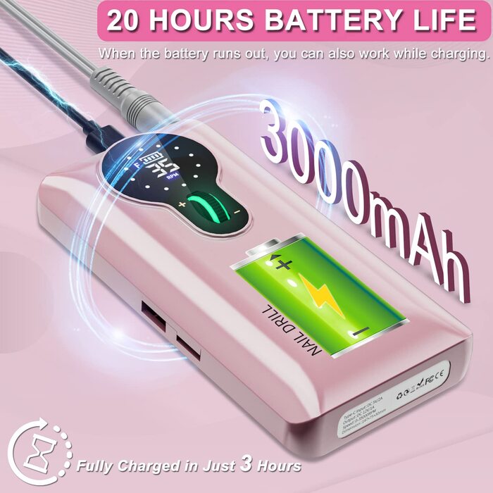 Професійний фрезер для нігтів ENGERWALL 35000 об/хв, акумулятор 20 годин, електрична фрезер для акрилу та гелю, бездротове манікюрне набір з 7 насадками, темно-сріблястий (Pro)