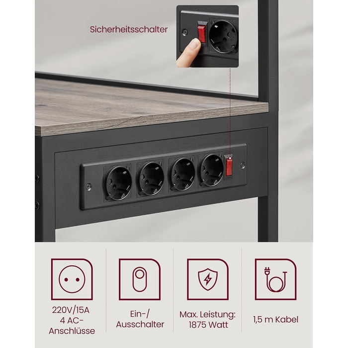 Полиця кухонна VASAGLE з розетками, стелаж для мікрохвильової печі, 8 гачків S-подібної форми, кухонний шафчик, органайзер для спецій, 40 x 90 x 165,5 см, коричневий вінтаж та чорний, KKS031K11