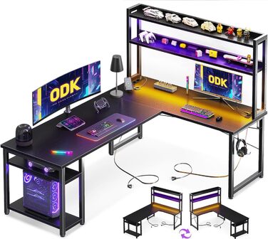 Ігровий стіл ODK L-подібний з LED-підсвіткою, розетками та полицею для фігурок, 150×120 см, чорний