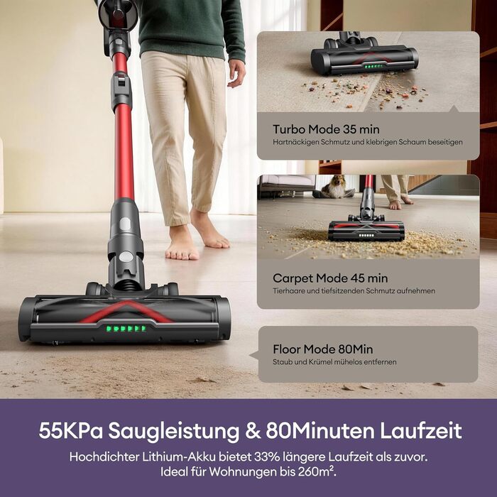 Бездротовий акумуляторний пилосос Ultenic 55000Pa/600W, 80хв, 1.6л, з Multi-Циклон фільтрацією, сенсорним екраном, антизаплутана щітка, док-станція, для шерсті тварин/килимів/твердих підлог, червоний