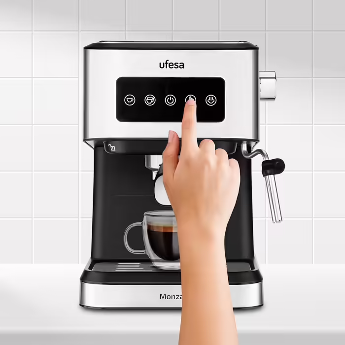 Ufesa Sienna Espresso Machine and Cappuccino Portafilter Machine with Milk Frother, 20 Bar Pressure, Digital Touch Panel, 1360W, for Ground Coffee or ESE Pads, 0.9L Water Tank, Silver (1050W | INOX)