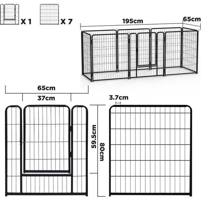 Вольєр для цуценят Freigehege для собак, розкладний, 6 перетичок, вольєр для тварин з дверцятами, 65x80 см, вольєр для собак, внутрішній/зовнішній, матовий чорний, 65x80x6 шт.