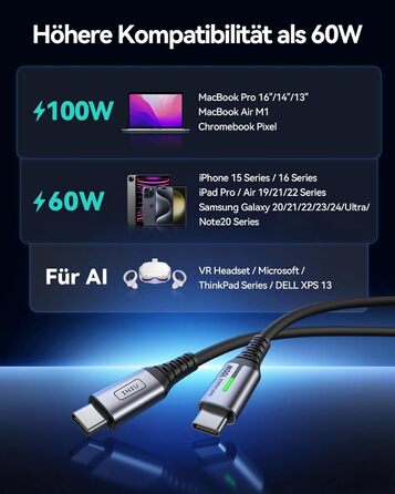 Кабель USB-C 100W, 2м, чорний: для iPhone, Samsung, Pixel, iPad, MacBook