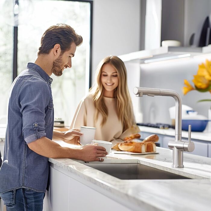 Змішувач кухонний з висувною лійкою, високого тиску, з двома режимами струменя, поворотний на 360°, L-подібний, з нержавіючої сталі (шліфований)