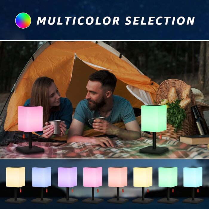Світлодіодний солярний настільний світильник для вулиці 2-в-1, чорний - бездротовий, з сонячною зарядкою, 8 кольорів, для саду, кемпінгу та столу