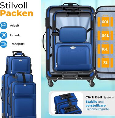 Набір валіз KESSER® 4-в-1 | Чотири валізи з тканини з кодовим замком TSA, 360° колесами та телескопічною ручкою | Косметичка, ручна поклажа, великі валізи для подорожей та бізнесу (Блакитний)