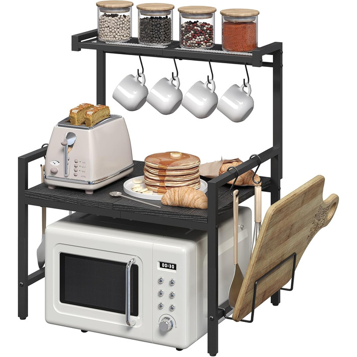 Поличка для мікрохвильової печі, кухонна поличка, 2 яруси, з підставкою для обробної дошки, органайзер з 8 гачками, чорний, ABRBN5301