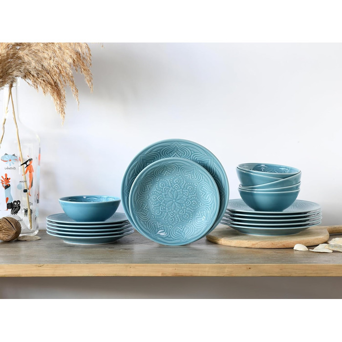 Набір посуду CreaTable Serie Orient Mandala 18 предметів, порцеляновий, аквамарин, для мікрохвильовки та посудомийної машини, зроблено в Європі