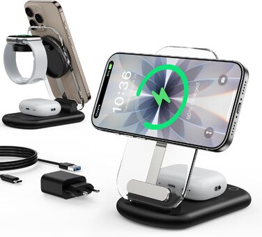 Зарядний пристрій MagSafe 3-в-1 для iPhone 17/16/15/14/13/12 Pro Max/Air/Plus/Pro та Apple Watch 10/9, AirPods 3/2/Pro, чорний