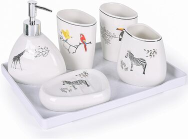 Bathroom accessory set, gold marble look, modern 6-piece bathroom accessory set, complete with soap dispenser, toothbrush holder, cup, tray, and countertop organizer (Tier)