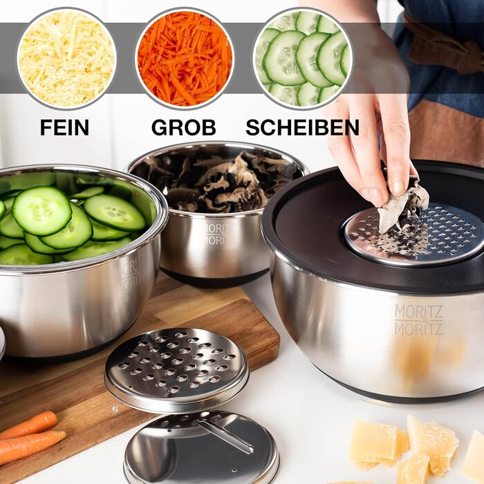 Миска для перемішування Moritz & Moritz 5er з кришкою - 0,6-4,5л - нержавіюча сталь з антиковзними ніжками без BPA - Складається, саладова миска з кришкою та 3 тертки - придатна для миття в посудомийній машині
