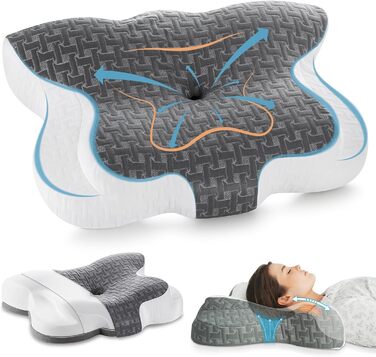 Elviros Orthopedic Memory Foam Pillow, Ergonomic Neck Support Pillow Sleeping Pillow for Neck Pain, Neck Pillow for Side, Back, and Stomach Sleepers, Grey