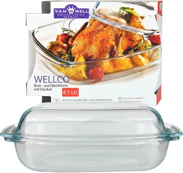 Форма для запікання Van Well 4.1 л з кришкою, скляна прямокутна жаростійка 340x215 мм, набір: миска 2.5 л + кришка 1.6 л, кухонний посуд Wellco
