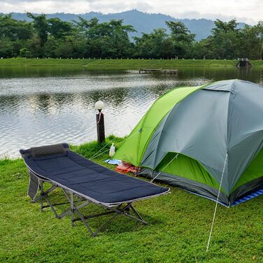 Ліжко кемпінгове складне Outsunny з матрацом, 188x64.5x53 см, до 150 кг, темно-синьо-сіре, для дому, саду, подорожей