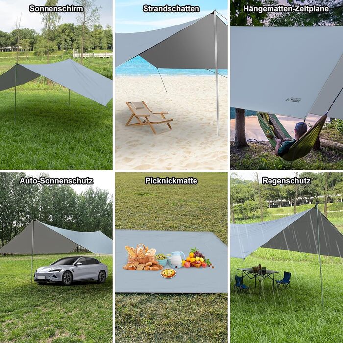 Тент для кемпінгу WADEO, 4x3 м, водонепроникний, з кілочками та стяжками, для пікніків та відпочинку на природі - Хакі (3,6м x 4,8м, Сірий)