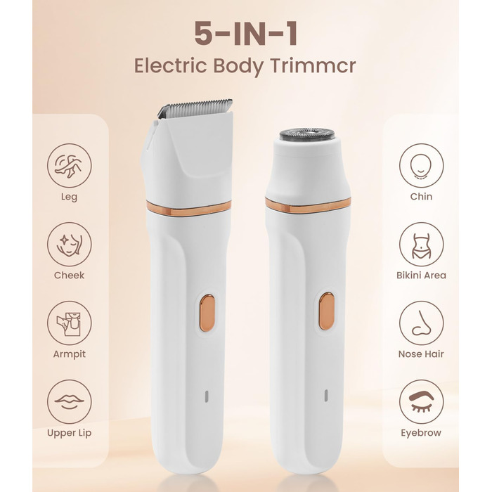 Електричний жіночий бритва 5-в-1 для тіла, бікіні та носа, водонепроникний (IPX7), для сухого та вологого гоління, з тримером, USB-зарядка