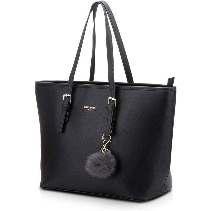 Стильна жіноча сумка-шопер LI&HI для навчання та міста, чорна з помпоном 34x29x15.5 см