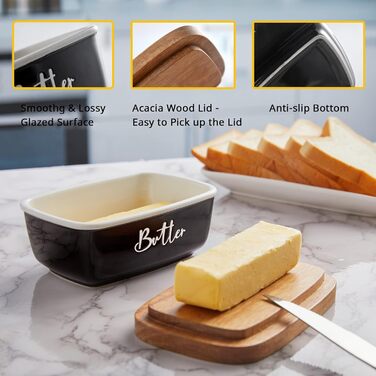 ALELION Butter Dish, large ceramic butter dish with lid for countertop, vintage butter holder with wooden lid, for home, kitchen decoration, butter container holds two butters, black