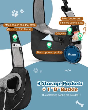 Pawaboo Сумка-переноска для собак, оновлена модель з кишенею для телефону, регульована, чорна, S