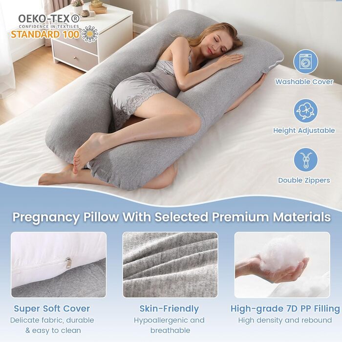 Подушка для вагітних SHANNA U-подібної форми, подушка для сну на боці, подушка для годування, з м'якою обтягуючою тканиною Minky Dot, велика подушка для сну, комфортна подушка для дорослих, подушка для тіла (бавовна, в'язана світло-сіра, U-подібна форма -