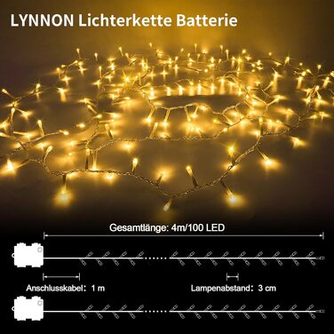 Льод-гірлянда LED 200 LED на батарейках: тепле світло, водонепроникна, з пультом, для декору саду, вечірки, балкона, ялинки