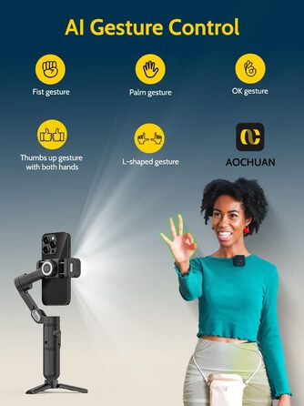 Стабілізатор для смартфона AOCHUAN 3-осьовий з функцією розпізнавання обличчя, вбудованим світлом, 1/4 дюйма, для iPhone 16/15 Pro, Android, TikTok - Smart X Kit, Чорний