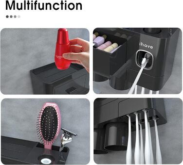 iHave Toothbrush Holder Wall Mount Black, Bathroom Toothbrush Holder with Toothpaste Dispenser, 2 Cup Toothbrush Holder with Drawer, Large Capacity Toothbrush Organizer Bathroom