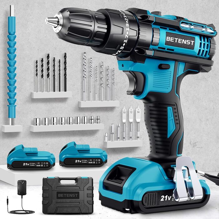 Акумуляторний шуруповерт BETENST 21V: 42Nm, 2 Akku 2.0Ah, 25+3 рівня крутного моменту, 2 швидкості, патрон 10мм, LED, набір 30шт для дому, саду, DIY