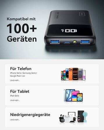 Power Bank INIU, 10000mAh, Швидка зарядка USB-C, PD3.0 QC4.0, Сумісний з iPhone, Samsung, iPad, Чорний