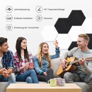 Акустичні гексагональні панелі для шумоізоляції самоклеючі, 24 шт (1.4м²), 230кг/м³, NRC 0.95, 100% поліестер, колір порцеляново-білий