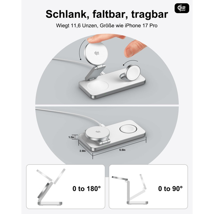Бездротовий зарядний пристрій 25W MagSafe 3-в-1, складна станція для iPhone 17e/17/16/15/14/13/12/Air, Apple Watch та AirPods Pro (Білий)