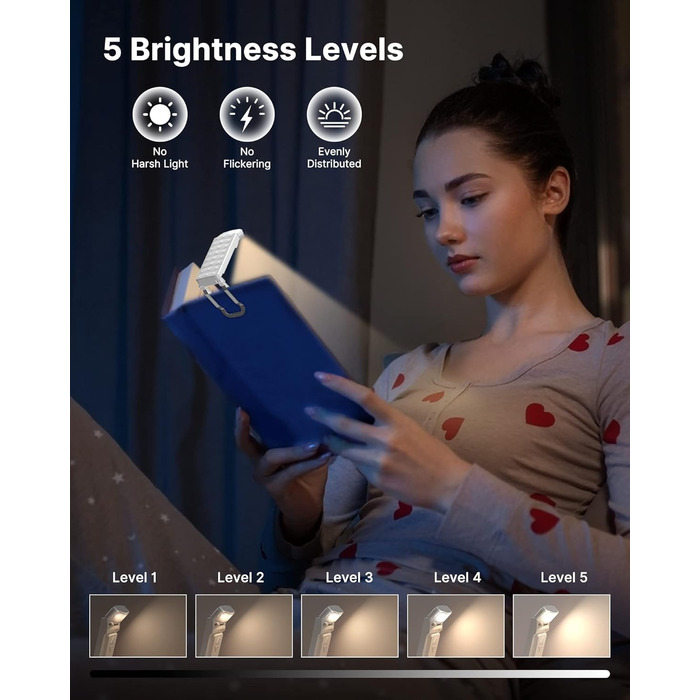 LED лампа для читання Mexllex на прищіпці, перезарядна, 3 кольори, 5 рівнів яскравості, нічник для дітей, білий