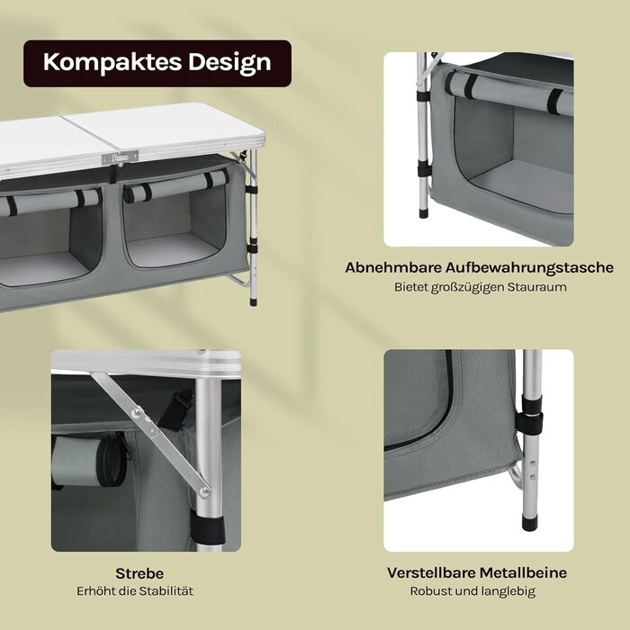 Складний алюмінієвий кемпінговий стіл WOLTU з регульованою висотою та полицями для зберігання, білий+сірий - для пікніка, пляжу, саду