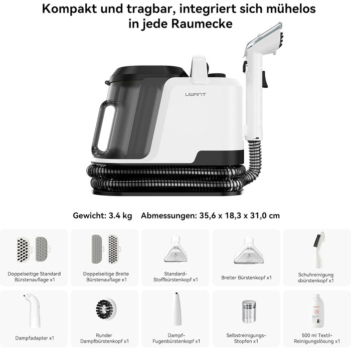 Uwant Y100 Пароочисник для диванів, килимів та авто. 3-в-1, 18KPA, 1750W, 65°C, самоочищення, 7 насадок та засіб для чищення, 2 роки гарантії