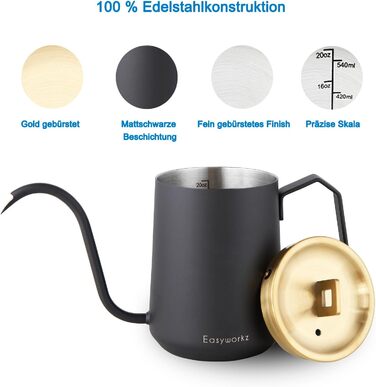 Easyworkz Swan Neck Pouring Kettle 600ml Stainless Steel Hand Drip Coffee Pot with Long Narrow Spout, Brushed Gold Black