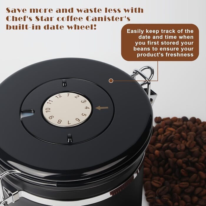 Герметична кавова банка 1,8 л з нержавіючої сталі з датою та ложкою, для кави, чаю, горіхів, какао (чорна)