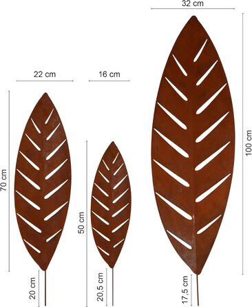 UNUS Garden Stakes Palm Leaf, Set of 3, Garden Decoration with Rust-Look, Decoration Leaf made of Weatherproof Stainless Steel for Garden, Balcony, Terrace or Flower Pot