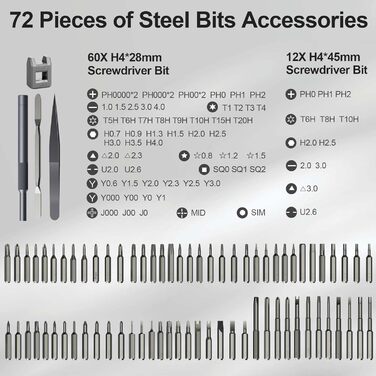 Набір мініатюрних електричних викруток MQFORU 78 в 1 з 72 бітами, 5 режимів крутного моменту, LED-підсвічуванням для ремонту телефонів, годинників, камер