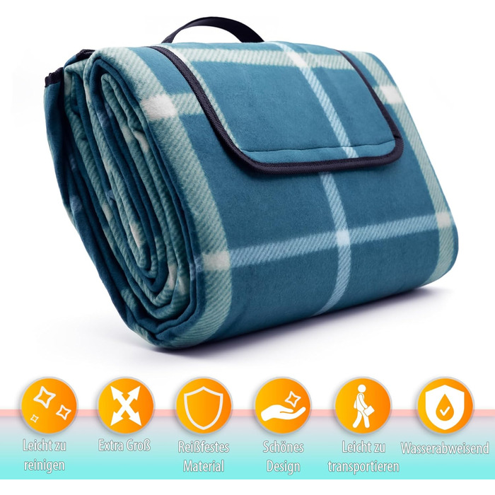 Плед для пікніка BigDean 200x200 см водонепроникний, клітинка блакитна - великий плед для пляжу, саду, парку