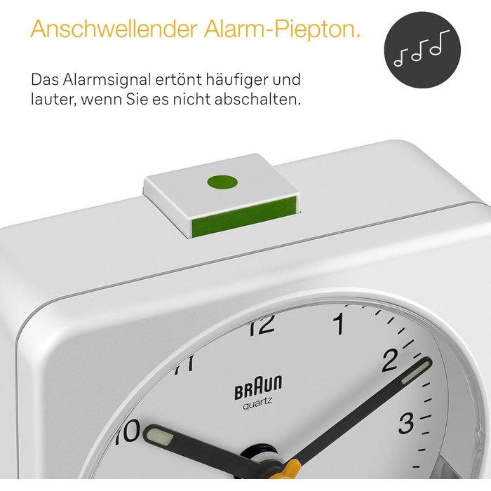Braun Classic Analog Alarm Clock with Snooze Function and Light, Silent Quartz Movement, Crescendo Alarm, White Model BC03W