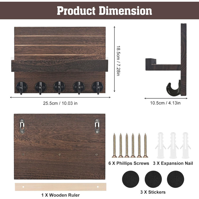 Дерев'яне настінне кріплення для ключів з полицею, декоративне, 5 гачків, для прихожої, спальні, вітальні (колір: коричневий)