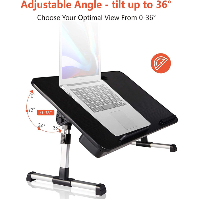 Регульований стіл для ноутбука з ящиком, чорний. Розмір: 23.6' x 13.6' x 9.4-12.6'