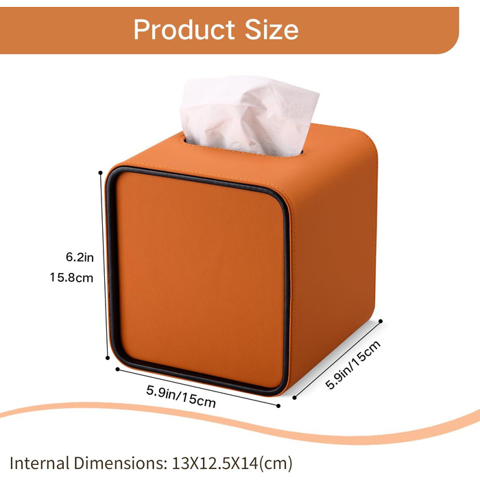 Скринниця для серветок GORESE, шкіряна, квадратна, 15x15x15.8 см, помаранчевий колір