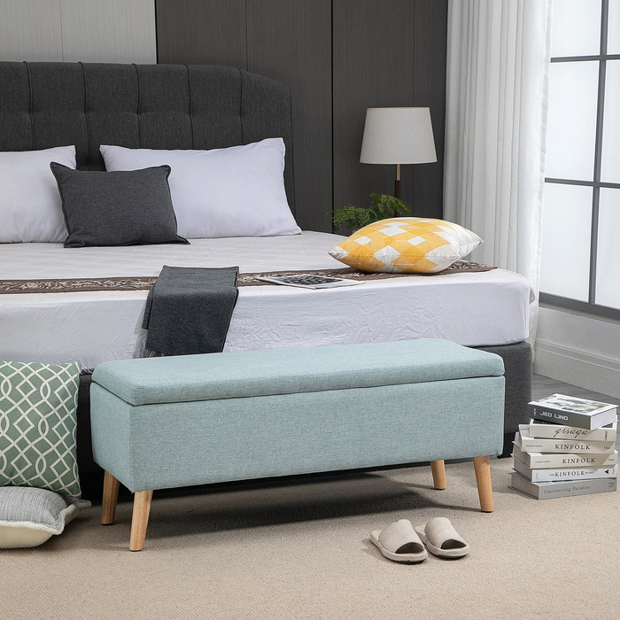 HOMCOM Bench, Light Green Upholstered Bench with Storage, 110x39x45cm, made of linen-like polyester and rubber wood, in a Scandinavian design