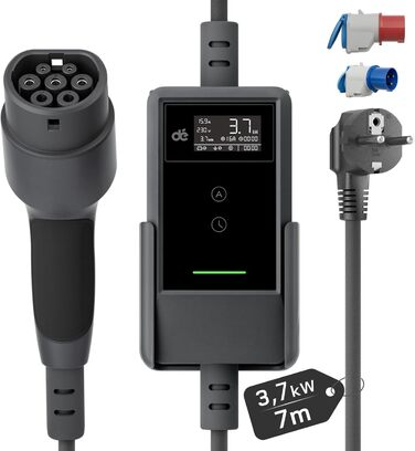 Кабель для зарядки електромобіля Type 2 Schuko 3,7kW (6-16A, 1-фазний) з LCD-дисплеєм, 7м, чорний, для ID.3/4/5/7, Model Y/3, ENYAQ та інших PHEV/EV