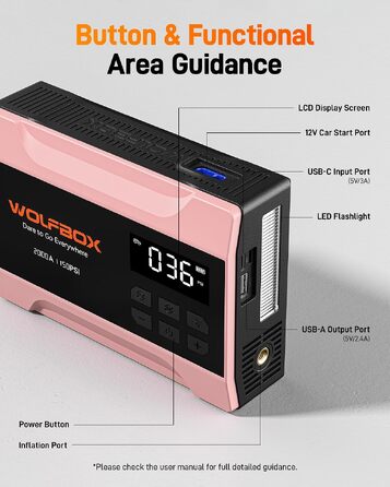 Пусковий пристрій WOLFBOX 2000A з компресором для авто, портативний бустер акумулятора 37 Вт-год (до 5л бензин), 12В набір з насосом 150 PSI, пусковими кабелями та LED-ліхтарем