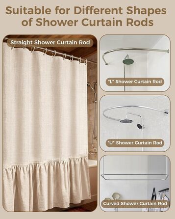 Штора для душу 180x180 см Бежева, Льняна текстура - Водонепроникна, з обтяженим краєм, 12 кілець, для ванної кімнати