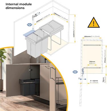 Відро для сміття на кухню Emuca з нижнім кріпленням, 2 висувні контейнери по 20 л, загальний об'єм 40 л (2 x 20 л), сталь та пластик, сірий (антрацитовий сірий).