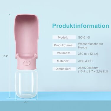 Водяна пляшка для собак на прогулянці 570мл або 350мл: портативна, для цуценят, малих, середніх та великих собак (Рожева)