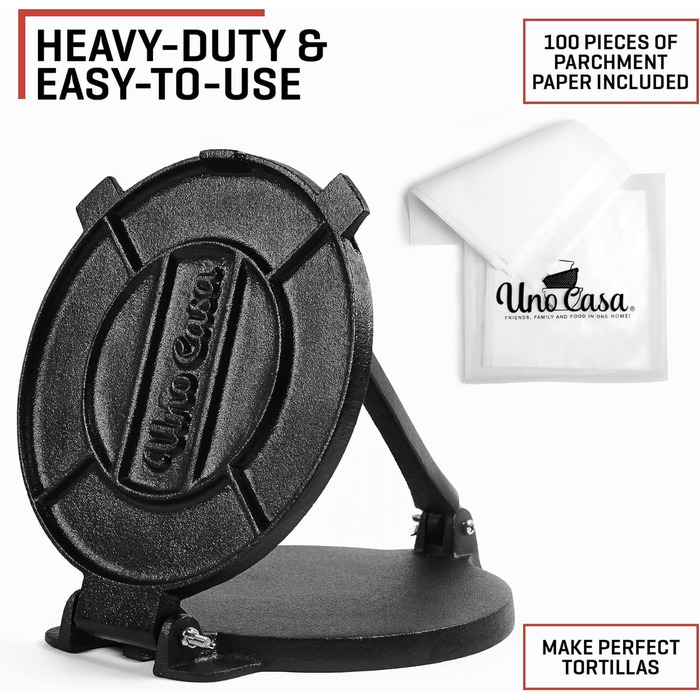 Пресс для тортилій Uno Casa Tortilla Presse 20 см - для тако, з чавуну, ротатор, 100 шт. паперу